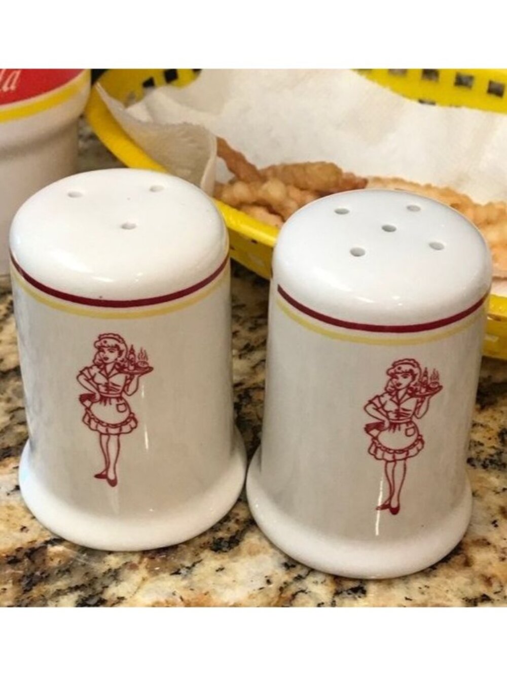 Vintage Ceramic Salt & Pepper Shakers Retro Diner Waitress Design White Red